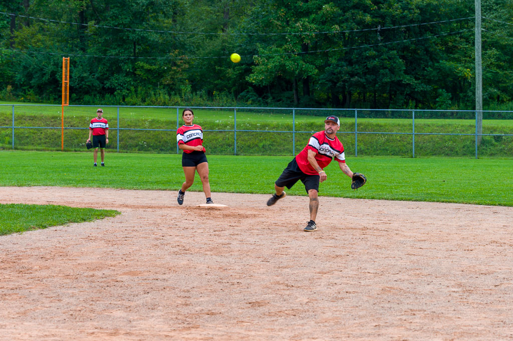 Second baseman throws ball towards first base.