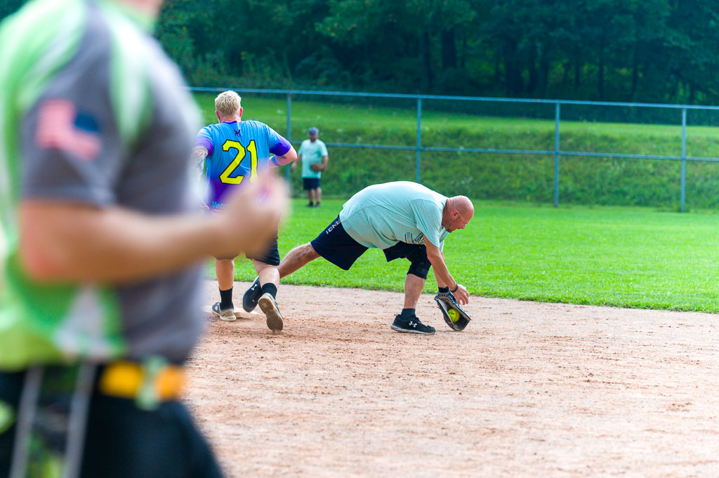 Second baseman catches ball just as runner steps on second base.